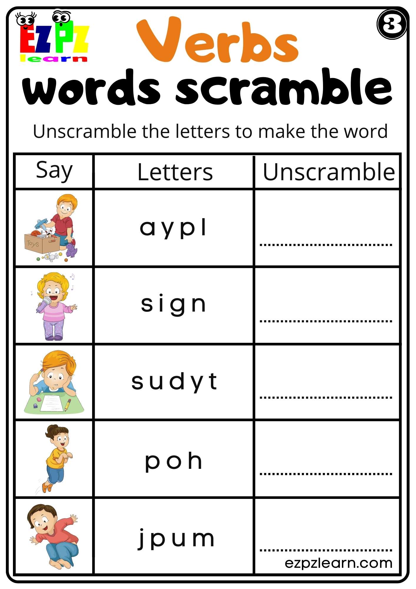 Verbs Words Scramble Easy Worksheet for K5 and ESL Students PDF